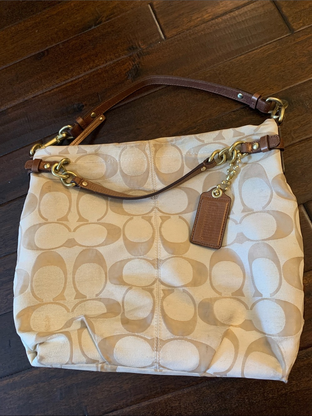 Coach Beige & Brown Signature Canvas Shoulder Bag with big ball hang tag!!!